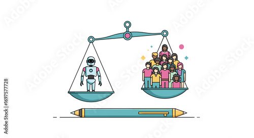 Robot versus people on scales symbolizing modern automation and human workforce balance