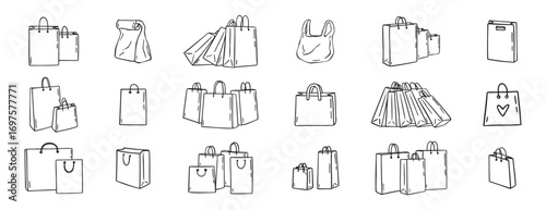 Shopping bags icons doodle hand drawn set. Paper shopping bags drawing line outline vector black Set 