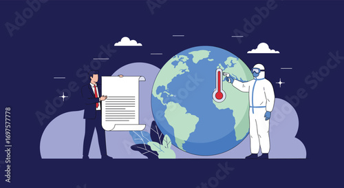 Scientist monitors global warming crisis with thermometer while businessman reviews urgent climate action plan