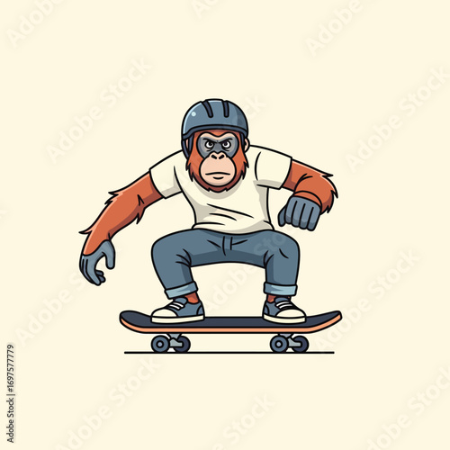 Cool cartoon orangutan in helmet and jeans balancing on a skateboard with focused expression.