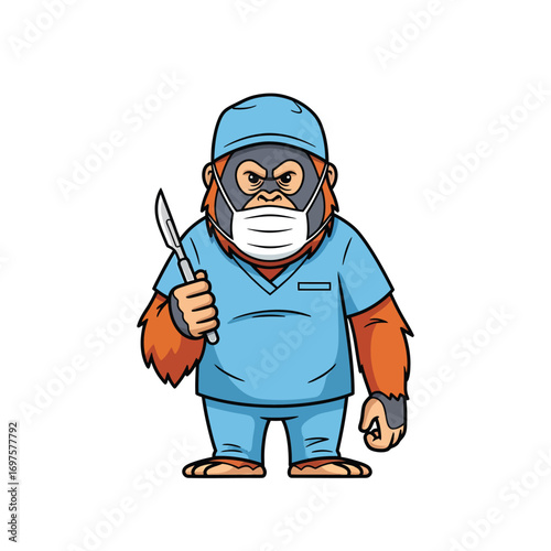 Cartoon orangutan surgeon in blue scrubs surgical cap and face mask holding a scalpel.