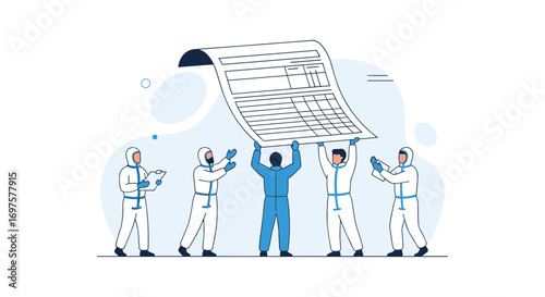 Team in hazmat suits collaborates to present critical data report for safety compliance