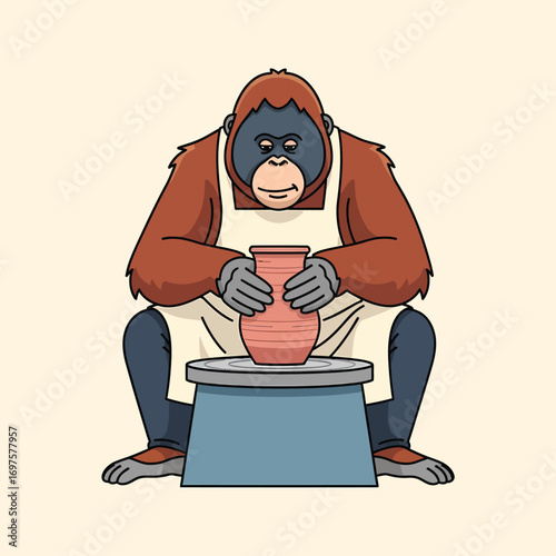 Cartoon orangutan potter shaping a clay pot on a wheel wearing an apron and gloves.
