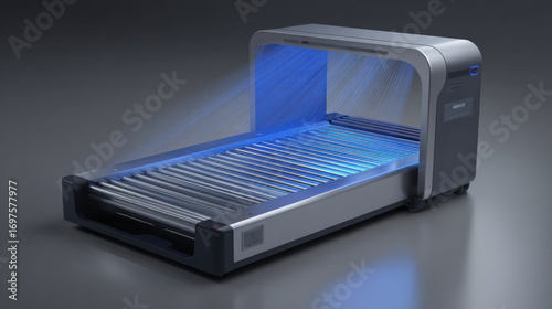 sleek luggage scanner archway emitting blue scanning beams over roller tray modern airport security tech illustration concept scene visual for commercial design use high detail quality stock image ill