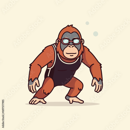 Cartoon orangutan in black wrestling singlet and glasses crouching in an athletic stance.