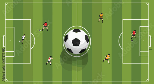 Dynamic soccer game action unfolds on vibrant green field with players strategizing and ball in play