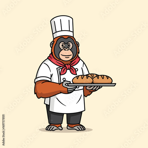 Friendly cartoon orangutan chef in uniform holding a silver tray with two golden brown bread loaves.
