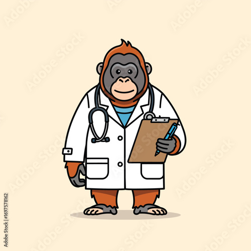 Friendly cartoon orangutan doctor in white coat holding clipboard and stethoscope.