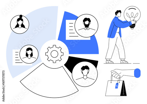 Circular chart shows profiles and documents, a figure holds a lightbulb symbolizing ideas, and a hand presents a shopping bag. Ideal for teamwork, creativity, innovation, strategy, organization