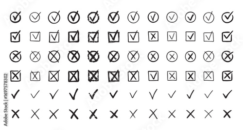 Check marks hand drawn doodle set. tick, cross signs for checkbox, checklist, v and x in sketch set.