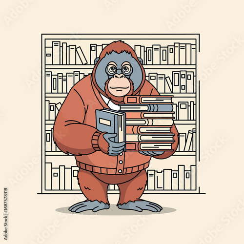Intelligent cartoon orangutan wearing glasses holding a stack of books dressed in a cozy cardigan.