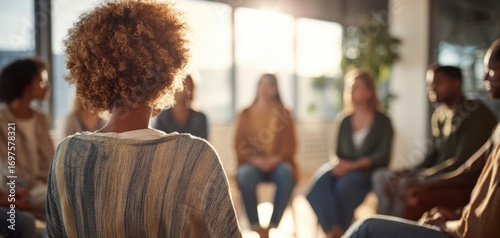 The woman leading a diverse support group in bright modern meeting space