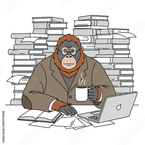 A scholarly orangutan wearing glasses and a suit, diligently working at a desk with a laptop, books, and coffee, surrounded by tall stacks of literature.