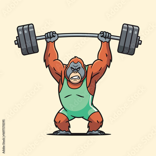 Angry Cartoon Gorilla Weightlifter in Green Singlet Lifting Heavy Barbell Overhead.