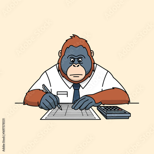 Focused cartoon orangutan in white shirt and tie writing on paper with a pen next to a calculator.