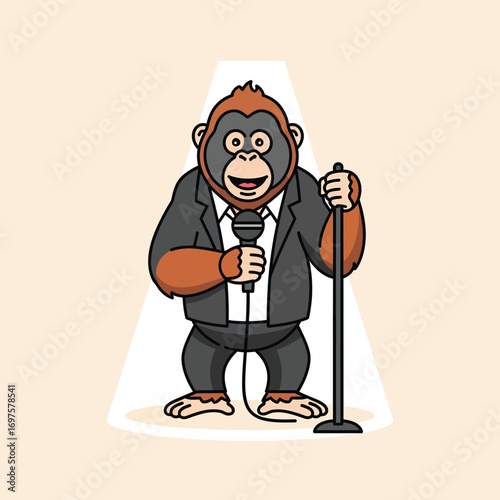 Cartoon orangutan in a black suit holding a microphone standing and smiling.