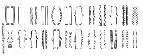 Hand drawn doodle brackets set. Scribble brackets and drawing in black. Wavy frames for text, silhouettes of parenthesis.