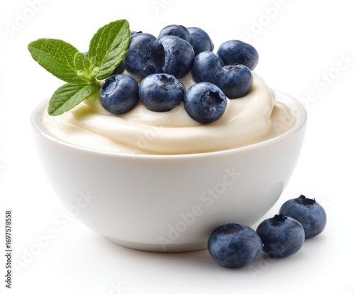 White bowl with smooth cream, topped with blueberries and a mint sprig; two blueberries alongside on white background