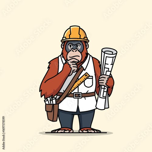 Orange furred orangutan builder in yellow hard hat holding blueprints thinking pose.