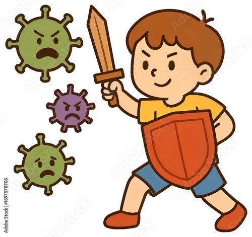 병균,세균,싸우는,아이,면역력,방패