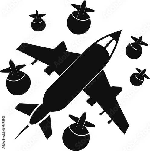 Warplane flying with bombs silhouette  vector black , white background