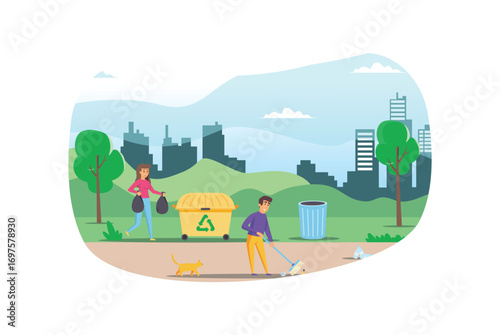 Illustration People collect and sort garbage in city park vector flat illustration. Men and woman taking care of the planet by collecting waste in bags.  Suitable for Diagrams, Infographic, Game Asset