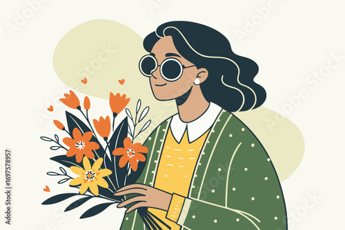 Woman holding a bouquet of flowers, wearing sunglasses and a cardigan