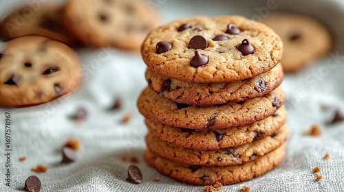Stack of warm golden-brown chocolate chip cookies on light beige linen, soft blue background, food photography with shallow depth of field