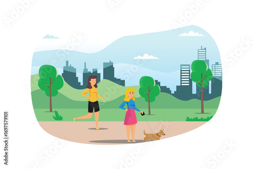 Illustration Young people doing physical activity outdoors at the park, they are running, cycling and bring the dog, healthy lifestyle  Suitable for Diagrams, Infographics, And Other Graphic Asset