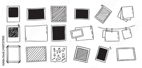 Vintage photo frames hand drawn doodle hanging on a clips icons set. Picture outline drawing template 