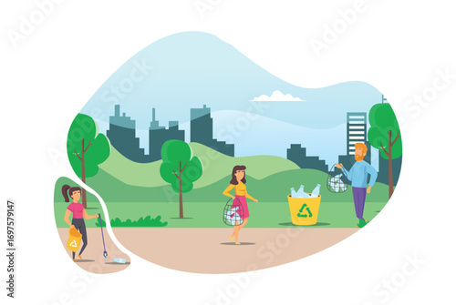 Illustration People collect and sort garbage in city park vector flat illustration. Men and woman taking care of the planet by collecting waste in bags.  Suitable for Diagrams, Infographic, Game Asset
