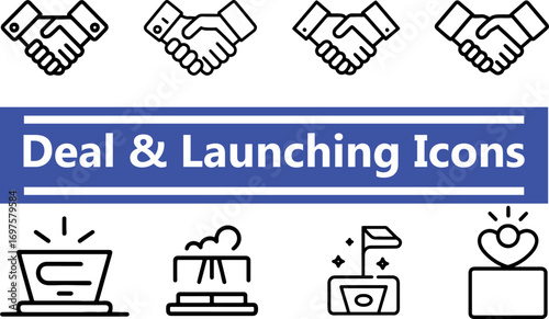 handshake deal, and launching business set of icons for web design
