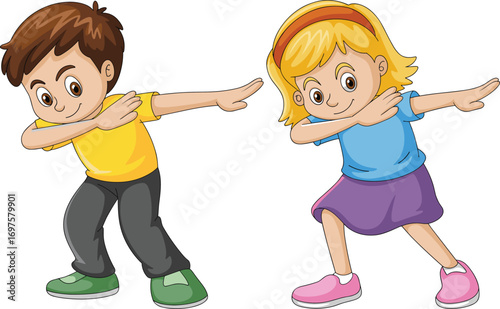 Cartoon children performing dab dance pose, expressive youth gesture illustration, trendy movement character set, playful cultural design, fun kids artwork for pop themes