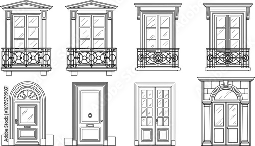 Classic architectural balcony and door designs, black and white vector illustration of vintage European windows, French doors, ornate elements
