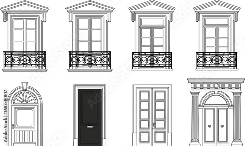 Classic vector illustration of vintage European balcony windows and decorative doors, architectural black and white line art for exterior design