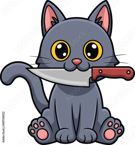 Cartoon dark gray cat holding kitchen knife in mouth, expressive animal character with yellow eyes, humorous and unsettling design, playful edgy illustration artwork