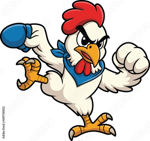 Cartoon fighting chicken with boxing glove and bandana, dynamic action pose, humorous animal mascot illustration, expressive poultry character design, playful combat-themed artwork