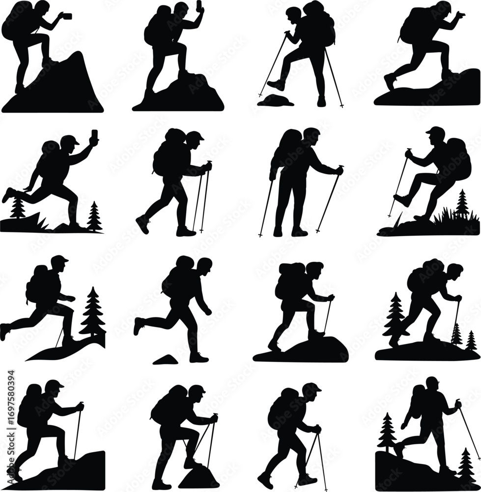 Obraz premium Hiker silhouette icons in various outdoor poses and activities, backpack trekking illustrations, minimalist adventure design set for hiking, climbing, and nature exploration themes