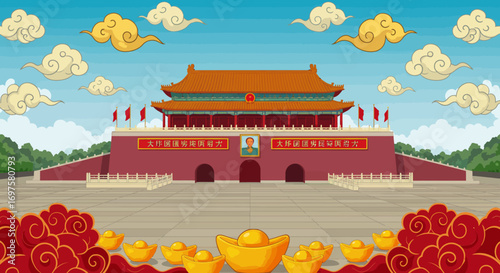 A festive cartoon illustration of Tiananmen Gate in Beijing, with traditional clouds and golden sycees.