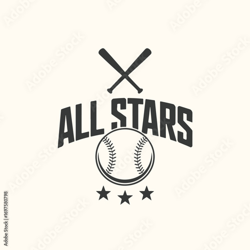 Vector art of all stars baseball logo with crossed bats, baseball, and stars