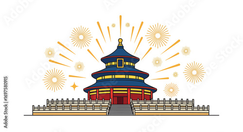 An illustration of the Temple of Heaven in Beijing, China, with celebratory fireworks in the background on a white background.