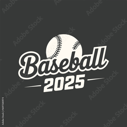 Vector art of retro baseball logo with the text baseball 2025 in a stylized font, featuring a classic baseball illustration on a dark background