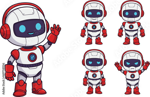 Cute cartoon robot character with multiple emotions, futuristic technology, friendly AI, red and white design, vector illustration, digital mascot