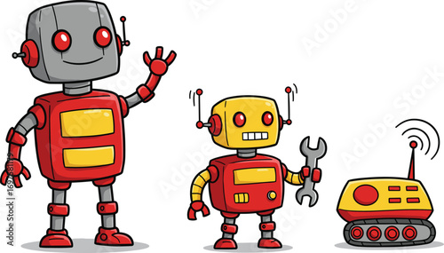 Cute colorful cartoon robots and remote-controlled robot vehicle, futuristic technology, friendly androids, mechanical characters, robotic repair, playful digital illustration.