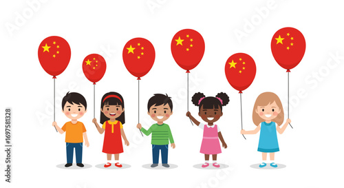 A diverse group of smiling children holding red balloons decorated with the flag of China.