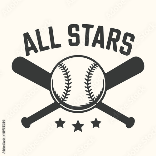 Vector art of all stars baseball graphic with crossed bats and stars, isolated on a light cream background