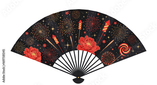 An open black folding hand fan with a festive pattern of red peonies, golden fireworks, and rockets.