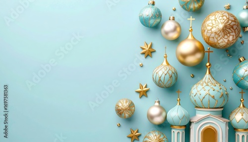 Elegant Christmas Ornaments and Orthodox Church Miniature on Light Blue Background