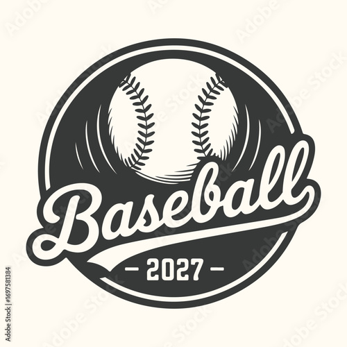 Vector art of vintage baseball logo with the word baseball and the year 2027 in a circular emblem, isolated on a light cream background