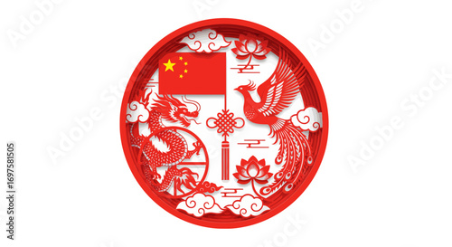 A red circular emblem in Chinese paper-cut style featuring a dragon, phoenix, and the flag of China.